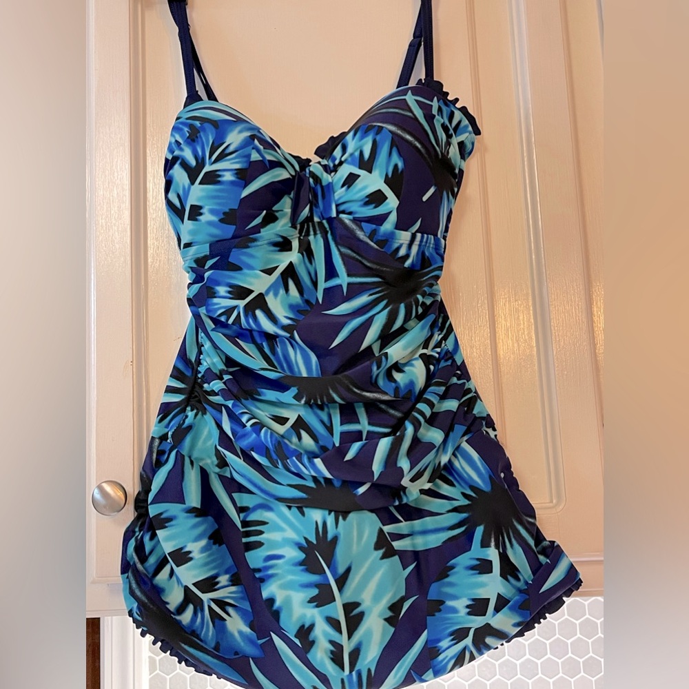 Tropical Blue Leaf Print One Piece Swimsuit